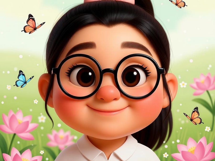Bé gái ôm lấy mình với nụ cười bình yên giữa hoa sen hồng và bướm pastel