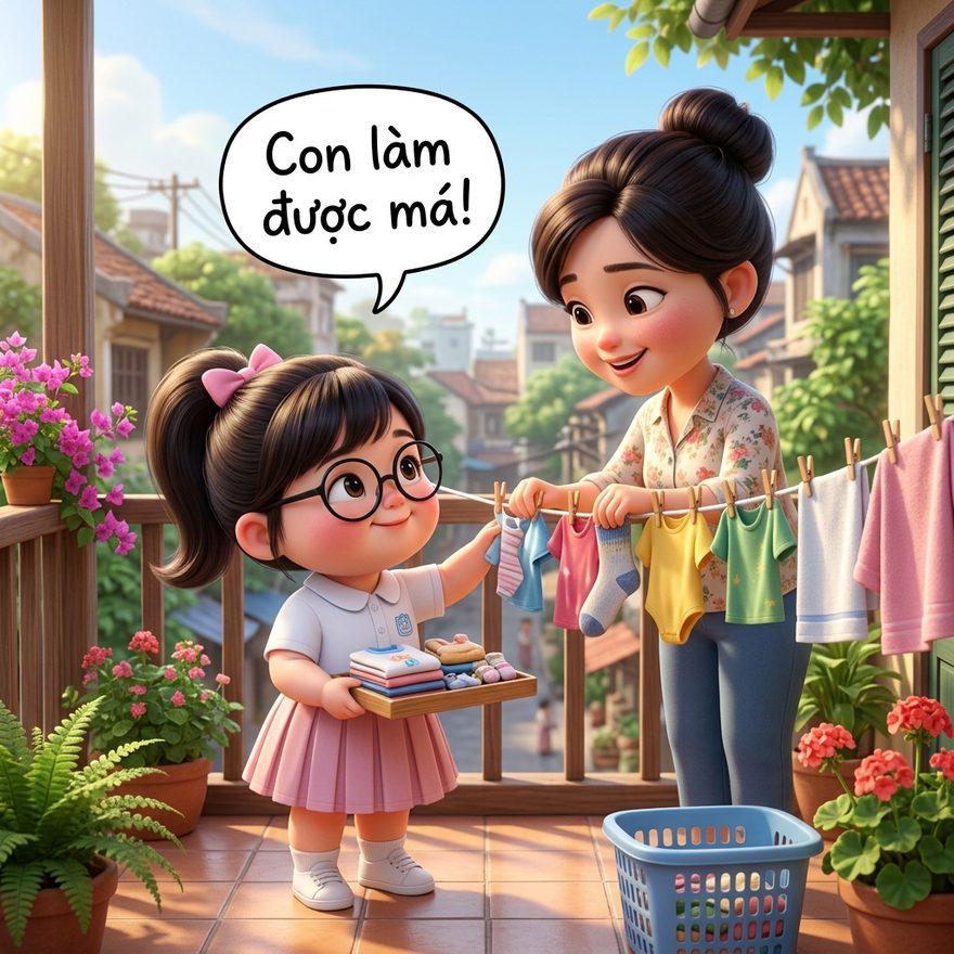 Giúp mẹ phơi quần áo — việc nhỏ nhưng ý nghĩa to.