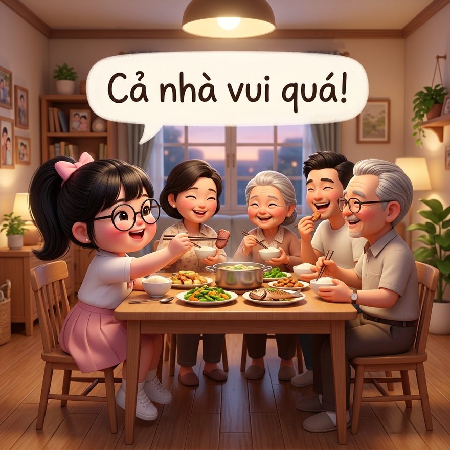 Bữa cơm chiều đủ đầy — cả nhà quây quần bên nhau.