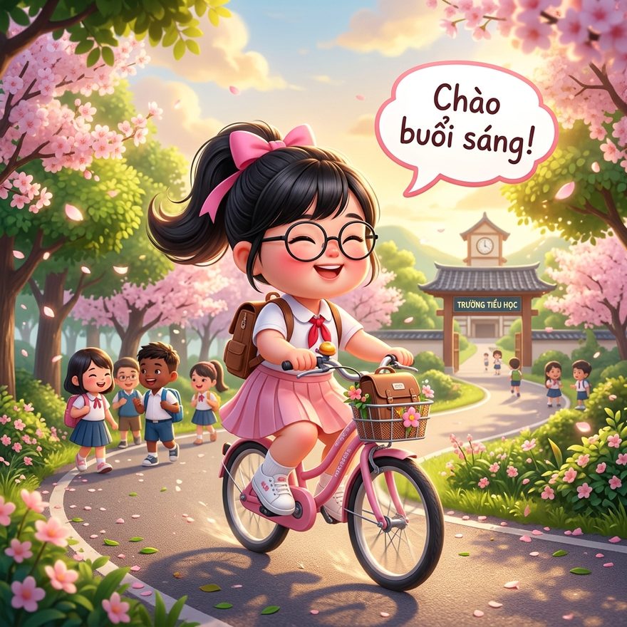 Tú Anh vui vẻ đạp xe đến trường trong nắng sớm