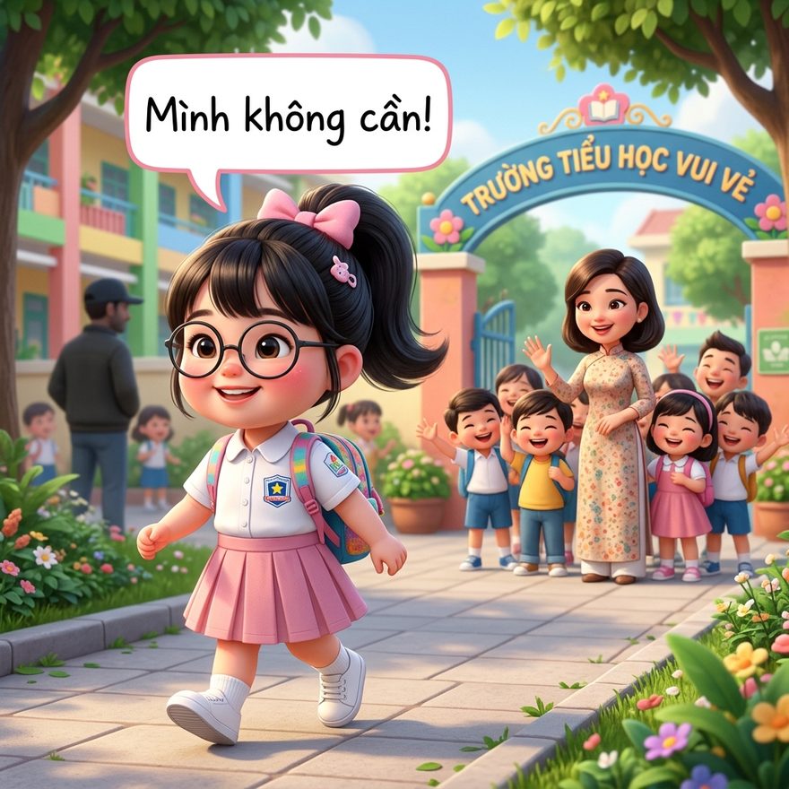 Tú Anh bước đi dứt khoát về phía thầy cô và bạn bè