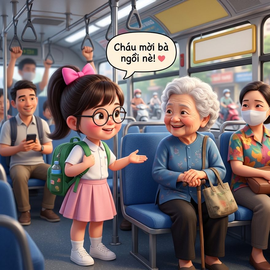 Nhường chỗ cho bà trên xe — bé hiền ai cũng thương.