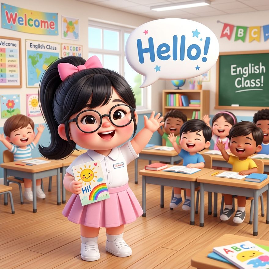 Flashcard số 1 — chào bạn bằng «Hello» thật to.