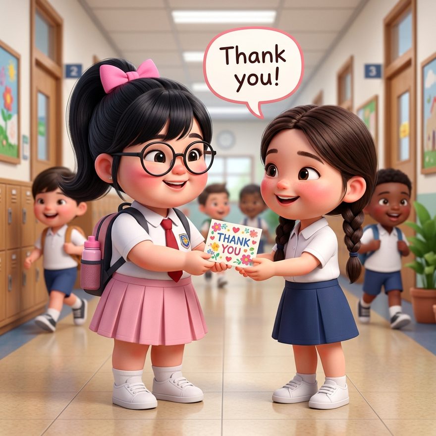 Lời cảm ơn xinh xắn — «Thank you» kèm nụ cười cùng ánh mắt.
