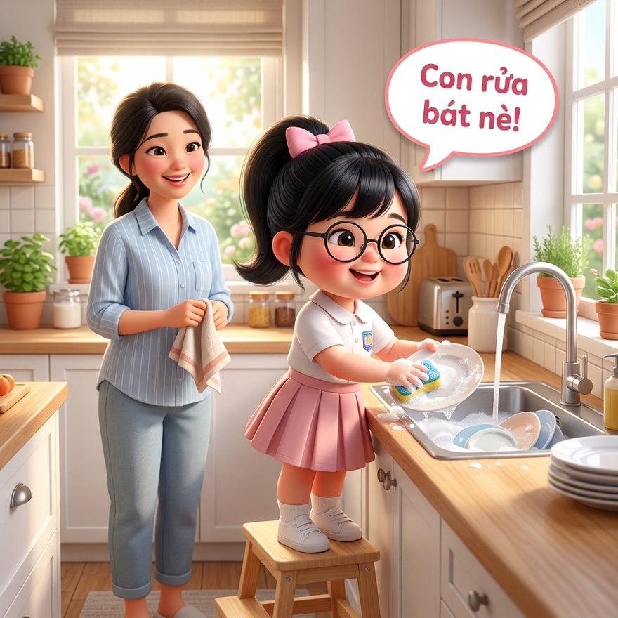 Rửa bát giúp mẹ — bong bóng xà phòng lấp lánh.