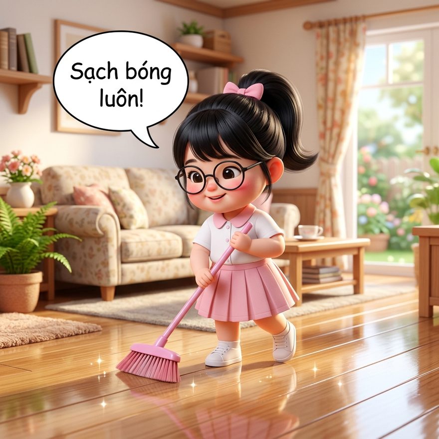 Quét nhà mỗi chiều — nhà sạch thì vui cả nhà.