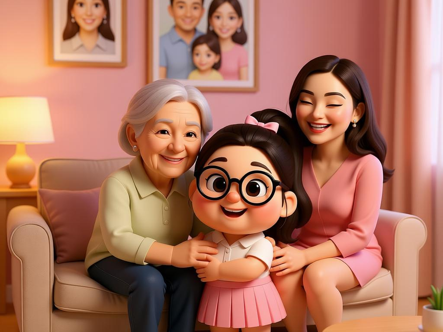 Cả gia đình ba thế hệ quây quần bên bà trong phòng khách ấm áp ánh đèn hồng
