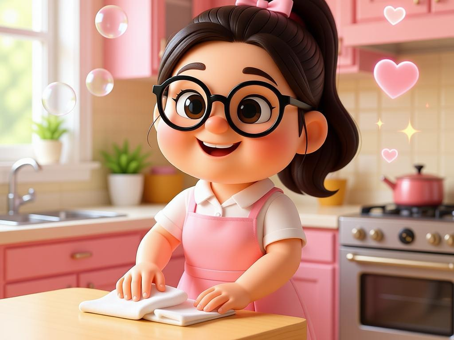 Bé gái tạp dề hồng đang lau bàn trong bếp sáng bừng nắng mai